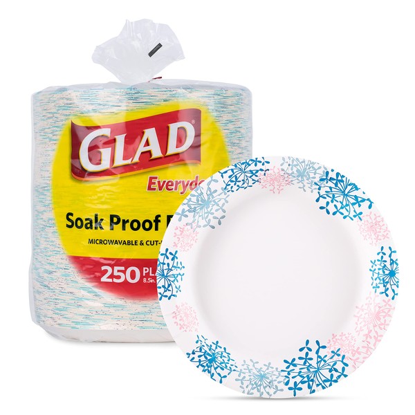 Glad Round Disposable Paper Plates for All Occasions | Soak Proof, Cut Proof, Microwaveable Heavy Duty Disposable Plates | 8.5" Diameter, 250 Count Bulk Paper Plates, Pink Hydrangea