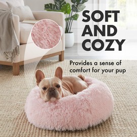 OhGeni Calming Donut Bed for Dogs and Cats, Ultra Soft Circle Bed, Cozy, Waterproof, Zipper Cover, 23 in Bed, Small Dog Bed (Pink)