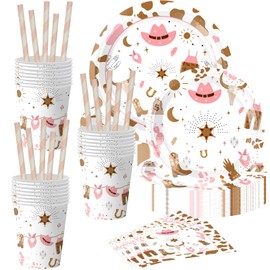Western Cowgirl Party Supplies, 9in 7in Western Cowgirl Party Plates Napkins Cups Straws Cowgirl Party Tableware for 10 Guests Cowgirl Party Decoration