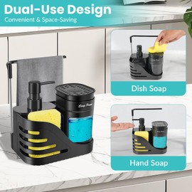 Dual Hand & Dish Soap Dispenser for Kitchen Sink, 4-in-1 Kitchen Sink Organizer with Sponge Holder, Dishcloth Rail, Removable Dish Soap Dispenser, Non-Slip Pads, Black