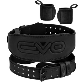EVO Fitness 4” 6” Matte Black Weight Lifting Belt With 18" Wrist Straps Gym Cowhide Leather Padded Lumbar Back Support Powerlifting Bodybuilding Workout Training Men Women (Medium, Black 4")