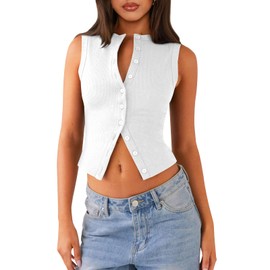 Pungdra Womens Button Down Tank Top Sleeveless Ribbed Fitted Vest Casual Crewneck Trendy Y2K Large White Going Out Crop Knit Vest Top