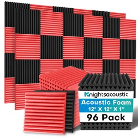 96 Pack Sound Proof Foam Panels for Walls, 1 X 12 X 12 Inches Acoustic Foam Panels, High Density Acoustic Panels Sound Absorbing, Noise Cancelling Studio Wedges Red + Black (NOT INCLUDE ADHESIVE)
