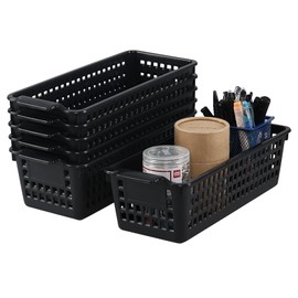 Ysmiltion 6-Pack Slim Plastic Storage Baskets, Black Desktop Storage Basket