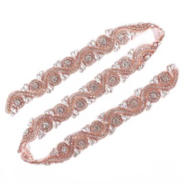 DUOBAO Wedding Belt Rhinestone Applique Crystal Rhinestones 1 Yard Length Appliques Dress Girls Beaded Sash Belts Rose Gold
