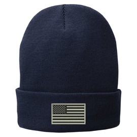 Trendy Apparel Shop US American Flag Grey Embroidered Winter Folded Long Beanie - Navy