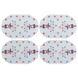 Creative Linens 4PCS 4th of July Independence Day Embroidered Patriotic Placemats 11x17 Oval Americana Tray Cloths White, Set of 4 Pieces for Holiday Kitchen Dining Table Décor