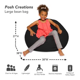 Posh Creations Bean Bag Chair for Kids, Teens, and Adults Includes Removable and Machine Washable Cover, Solid Black, 38in - Large