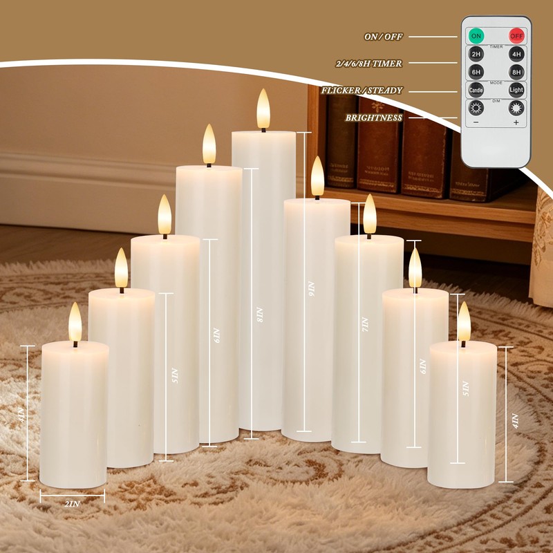 SEHNSY Flameless Pillar Candles, 9 Pack Ivory Real Wax Remote