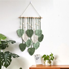 Lam-lord Macrame Wall Hanging Leaves, Wall Hanging Bohemian Woven Tapestry, Handmade Yarn Woven Wall Art Leaf Tapestry for Nursery, Bedroom, Living Room, 15.75 X 31.5 Inch(Green)
