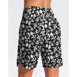 G Gradual Women's 9" Long Swim Board Shorts High Waisted Quick Dry Beach Swimming Shorts for Women with Pockets Liner, Black Flower, Medium