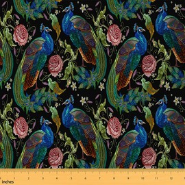 Erosebridal Peacock Upholstery Fabric by The Yard, Vintage Floral Decorative Fabric for Upholstery and Home DIY Projects, Peacock Feather Chinese Style Waterproof Outdoor Fabric, 1 Yard, Green