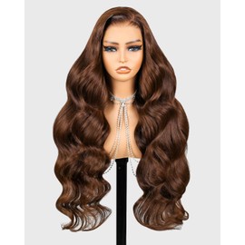 Megalook hair Glueless Chocolate Brown Lace Front Wig Human Hair Pre Plucked Pre Cut 6x5 HD Lace Closure Wigs Human Hair Glueless Body Wave Wig Pre Bleached 22 Inch 4#