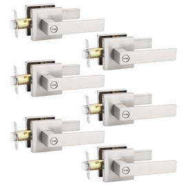 KNOBWELL 6 Pack Brushed Nickel Door Handle, Privacy Lever Doorknob Bedroom Lever Knob with Lock, Heavy Duty Interior Handleset(No Key)