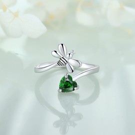 FJ Sterling Silver Women Bee Ring Open Animal Ring with Created Emerald (Adjustable Ring) (Size 9)