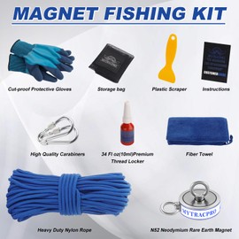 Mytracpro Complete Magnet Fishing Kit, 1500 lbs Double Sided Magnetic Fishing Kit with 65ft Rope, Carabiner, Gloves, Mesh Storage Bag, 9 Piece Set