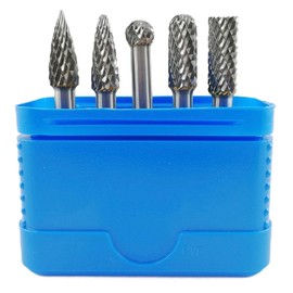 WRS Carbide Burr Set with Universal Cross Toothing, Industrial Quality, 5 Pieces, in Rose Plastic Box, Size: 8.0 mm Head Diameter, 5-Piece