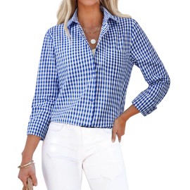 siliteelon Plaid Shirts for Women Button Down Gingham Top Long Sleeve Dress Shirts Cotton Fitted Casual Work Collared Blouse