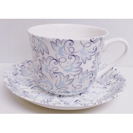 Rainbow Decors Royale Cup & Saucer Bone China Jumbo 425 ml (15fl oz) Blue & Grey Swirl Floral Leaves Breakfast Set Hand Decorated UK