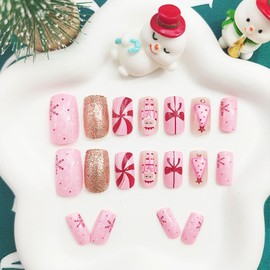 Christmas Press on Nails Medium Square Fake Nails with Snowflake Christmas Tree Designs Gold Glitter Glue on Nails Pink False Nails Red Swirl Full Cover Stick on Nails for Women 24Pcs