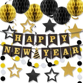 New Year's Eve Party Supplies 2026 - Happy New Year Banner, Balloons, Star Foil Streamers and Dot Garlant with Black Gold Honeycomb Ball Backdrop for 2026 New Year Decorations