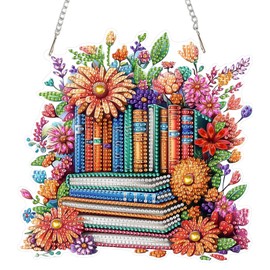DOMROM Hanging Diamond Art Painting Kit Books Flowers, Special Shaped Crystal Gem Craft Diamond Painting Pendant Kit for Adults Beginners, DIY Hanging Diamond Art Ornament Kit for Home Garden Decor