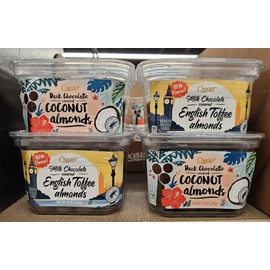 Choceur Milk Chocolate Covered English Toffee Almonds & Dark Chocolate Covered Coconut Almonds 10oz 283g (Four Tubs)