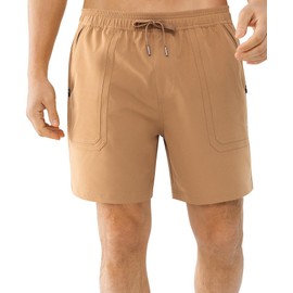 Cosmolle Men's Quick Dry Cargo Shorts for Hiking Fishing and Golf with Elastic Waist and Multiple Pockets (Brown,X-Large)