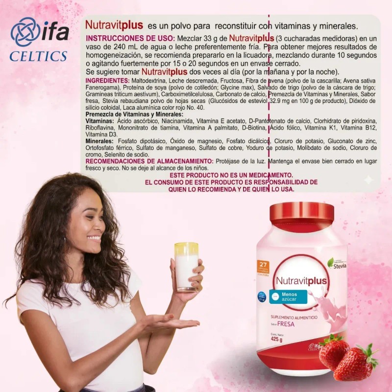 Suplemento Nutricional Nutravit Plus para Adultos, Sabor Fresa y Sin