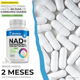 BioHerb® | NAD+ Riboside Potenciado con Resveratrol 98%, Quercetina, NMN y Betaína HCL con 60 Cápsulas de Alta Concentración de Polifenoles, Licopeno 