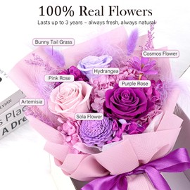 Preserved Flowers for Delivery – 3 Real Eternal Roses in Gift Box, Long-Lasting Purple Forever Flowers Bouquet, Birthday Gifts for Women, Mom, Wife, Her