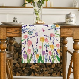 Artoid Mode Tulip Lavender Spring Table Runner, Seasonal Summer Kitchen Dining Table Decoration for Home Party Decor 13x108 Inch
