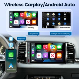 Wireless Double Din Stereo with Carplay and Android Auto - 7 Inch HD Touch Screen Car Audio Receivers with EQ/Mirror Link/FM/AM RDS Radio/USB/Fast Charging/SWC + 12 LED Rear View Camera
