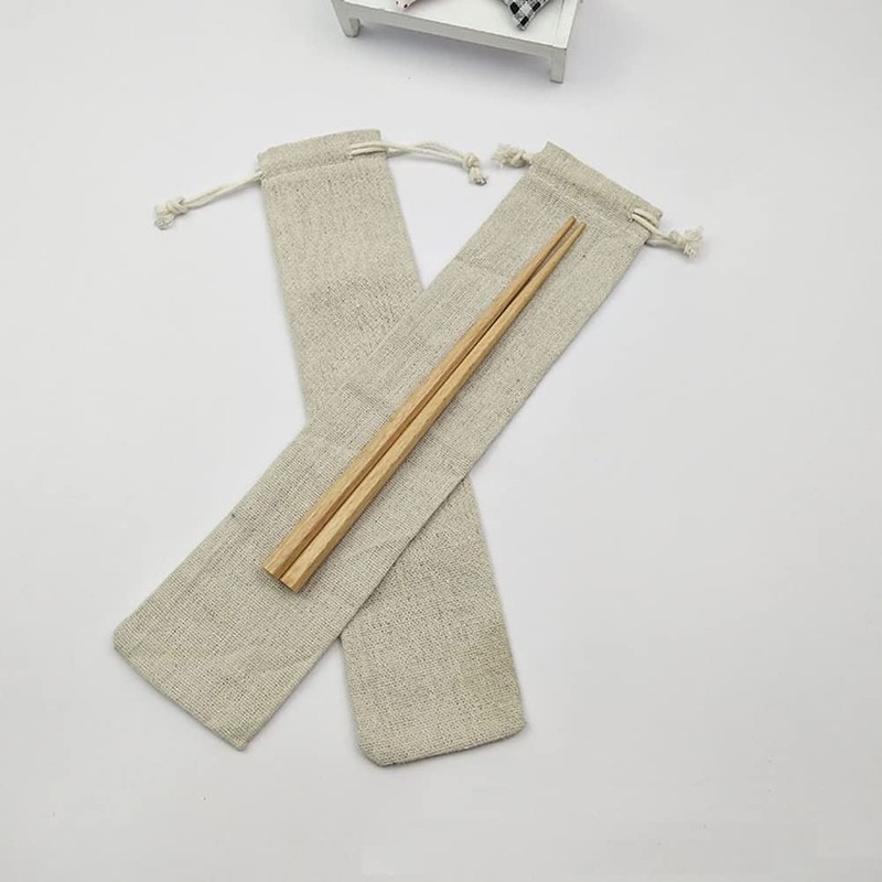 6Pcs Cotton Linen Drawstring Bag Cutlery Fork Spoon Chopsticks Straw