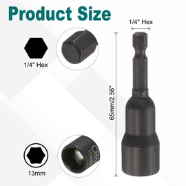 sourcing map 2Pcs 1/4" Hex Shank 13mm Magnetic Hex Socket 65mm Length, CR-V Steel Quick-Release Impact Driver Socket Wrench Screw for Impact Drill Power Nut Setter
