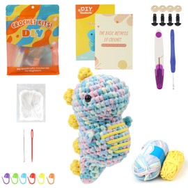 ROYUEXT Crochet Kits for Beginners Kids DIY Knitting Kit for New Starter with Step-by-Step Video Tutorials, Cute Dinosaur Crochet Complete Set, Crochet Animal Kit for Adults Beginners Kids (Blue)