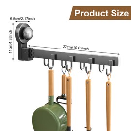 Marjoramy Kitchen Utensil Holder with 8 Hooks, Suction Screw Kitchen Aid Hanging Rail, No Drilling, Removable, Reusable Suction Hooks for Bathroom (Grey)