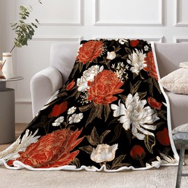 Floral Throw Blanket, Vintage Rose Gold Red Floral Cozy Warm Bed Couch Blanket, Black Botanical Boho Floral Fleece Flannel Throws Soft Warm Lightweight Decorate The Room and Bedroom 50X60IN