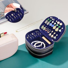 ProCase Travel Size Jewelry Box, Small Portable Seashell-Shaped Jewelry Case, 2 Layer Mini Jewelry Organizer in PU Leather for Women -Glossy Black