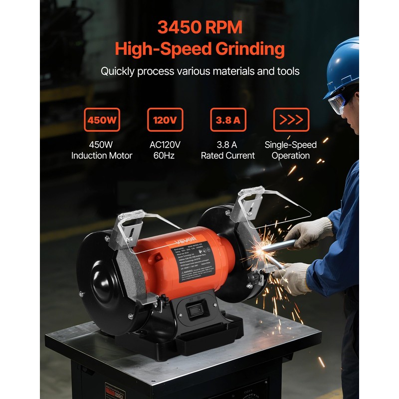 VEVOR Bench Grinder, 6-in Single Speed, 3450RPM High-Speed Table Grinders