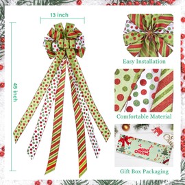 Christmas Tree Topper Wreath Bow Large Green Christmas Bow Tree Topper，Red Green Dot Polyester Gift Ribbon for Xmas Ornament Holiday Home Wedding Thanksgiving Indoor/Outdoor Decoration 45"x13"
