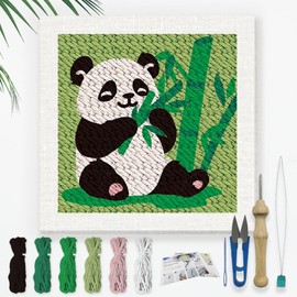 Doodlream Panda Eating Bamboo DIY Punch Needle Embroidery Kit for Adult Beginner, 24cm Panda Animal Punch Stitching Craft Set for Starter with Frame, Fabric Pattern, Threader, Yarn, Pinch Needle