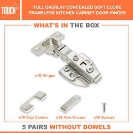 TOUCH Cabinet Hinges (5 Pairs, 10 PCS) Frameless Cupboard Door Soft Close Hinges Full Overlay Concealed European Clip-On Hinges for Kitchen Cabinet 3D Adjustable with Screws