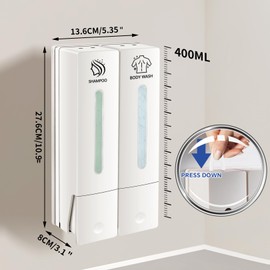 Volufia Shower Dispenser 2 Chamber No Drill, Shampoo and Conditioner Dispenser, Shampoo Dispenser for Shower Wall, Shower Soap Dispenser Bathroom 2x400ML, White
