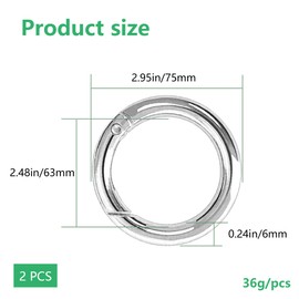 XCSJ Pack of 2 Round Carabiner 75 mm OD 63 mm ID Very Robust Zinc Alloy Round Carabiner Ring Carabiner Hook Round Large Carabiner Round O Ring for Key Chain, Bag, DIY Craft Making (Silver)