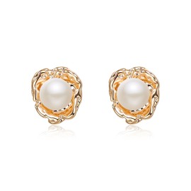 EVER FAITH Cream Freshwater Real Pearl Stud Earrings, Elegant White Gold Plated Hammered Texture Irregular Wedding Bridal Flower Statement Earrings Fashion Minimalist Jewellery for Women Girls,