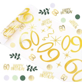 ParPix 60th Birthday Decoration Set, 5 m Table Runner and 100 Pieces Confetti Decoration, Shiny, Gold, Star, Luxury, Romantic, Plastic, Paper