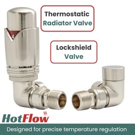Hot Flow Satin Nickel Marella 3 Modern Thermostatic Radiator Valve Corner TRV. Includes Corner TRV Body, Wheel Head & Lock Shield for Quick & Easy Temperature Control.