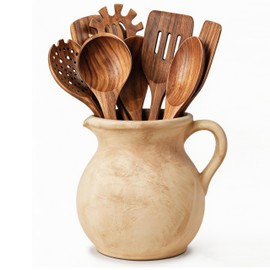 Ceramic Utensil Holder & Crock Farmhouse Rustic Light Clay with Handle