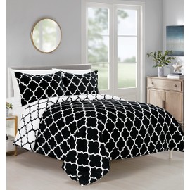 Elegant Comfort All Season Comforter and Year Round Medium Weight Super Soft Quatrefoil Pattern Down Alternative Reversible 3-Piece Comforter Set, Full/Queen, Black/White